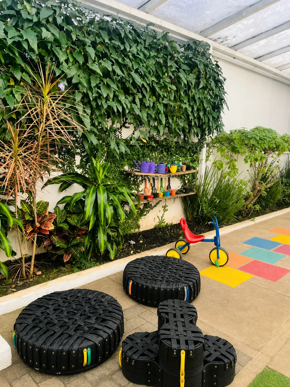 Canteiro de jardinagem com regadores e ferramentas nas prateleiras, ao lado da amarelinha.